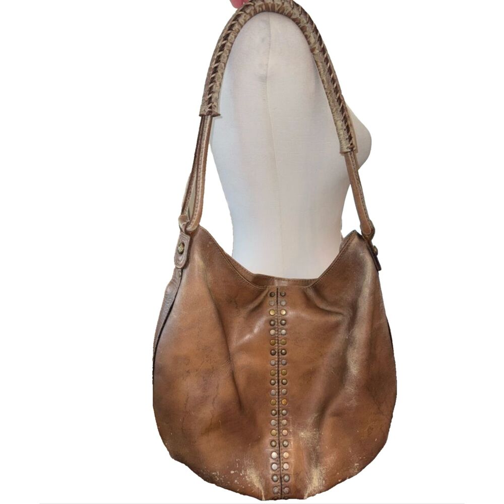 Patricia Nash Vintage Map Print Leather Hobo Studded Distressed Shoulder Bag